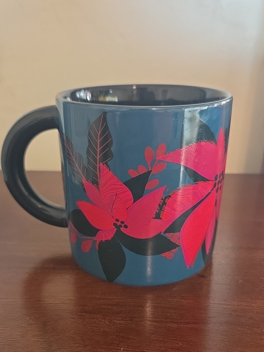 Starbucks Blue Mug with Bright Holiday Poinsettia